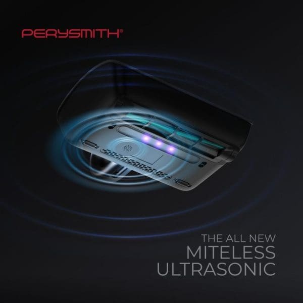 PerySmith Cordless Dust Mite Vacuum Cleaner XTREME Series V20 Pro with ultrasonic technology, featuring blue LED lights and miteless design on dark background.