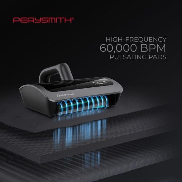 PerySmith XTREME V20 Pro cordless dust mite vacuum cleaner with blue LED lights showing 60,000 BPM high-frequency pulsating pads technology on reflective surface.