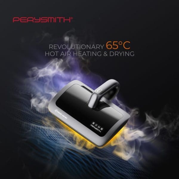 PerySmith Cordless Dust Mite Vacuum Cleaner XTREME Series V20 Pro with 65°C hot air heating and drying technology, showing steam effects on fabric surface.
