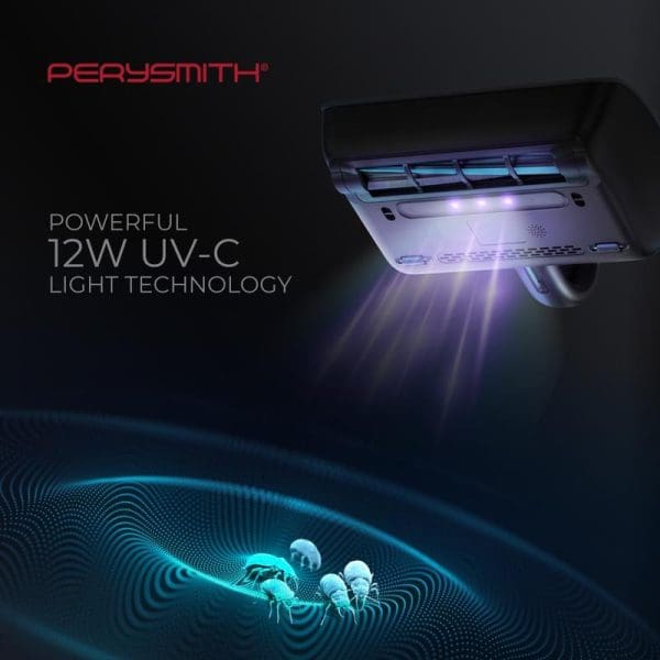 PerySmith Cordless Dust Mite Vacuum Cleaner XTREME Series V20 Pro featuring powerful 12W UV-C light technology with blue light emanating from device eliminating dust mites.