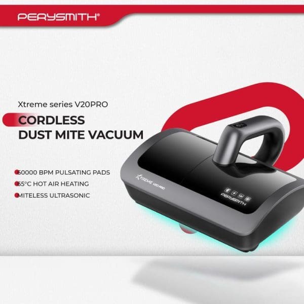 PerySmith Xtreme Series V20PRO Cordless Dust Mite Vacuum with 60000 BPM pulsating pads, 65°C hot air heating, and miteless ultrasonic technology featured in promotional image.