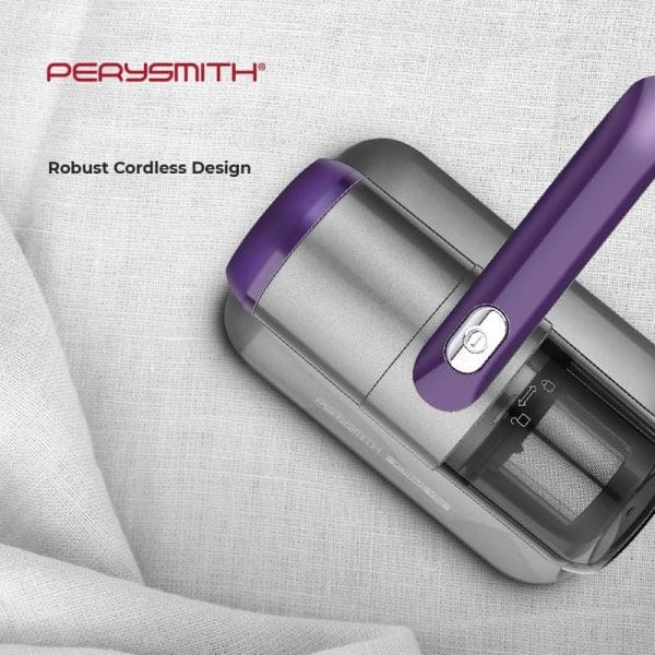 PerySmith XTREME Series V20 cordless dust mite vacuum cleaner with purple and silver design, featuring robust cordless technology, positioned on white fabric surface.