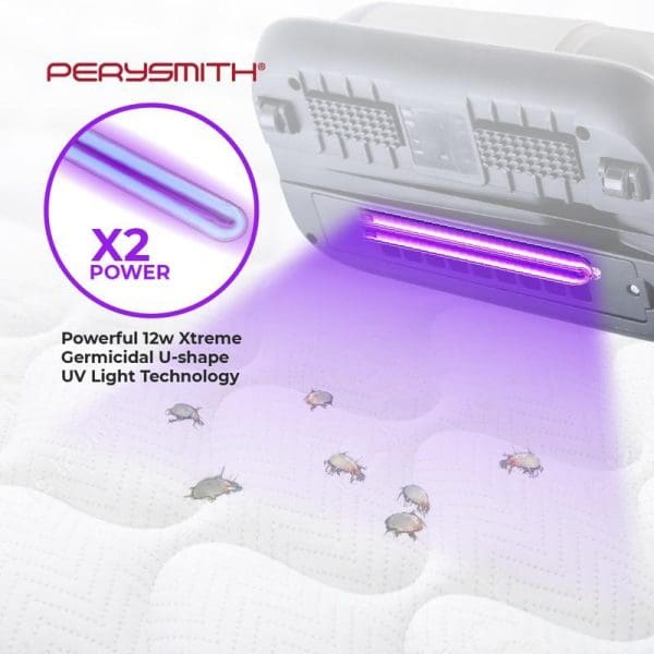 PerySmith cordless vacuum cleaner with UV-C germicidal light technology killing dust mites on white bedding, featuring 12w Xtreme power and U-shaped UV sterilization system.