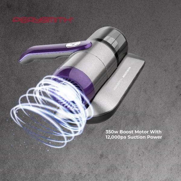 PerySmith cordless dust mite vacuum cleaner with purple accents, featuring 350W boost motor and 12,000pa suction power with swirling light effect illustration.