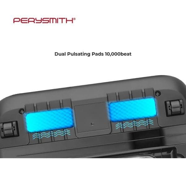 PerySmith cordless dust mite vacuum cleaner with dual pulsating pads featuring 10,000 beat technology, showing blue illuminated cleaning pads and airflow indicators on gray device.