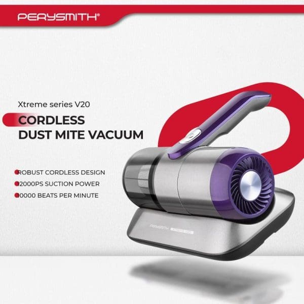 PerySmith Xtreme Series V20 Cordless Dust Mite Vacuum with 2000PS suction power, 6000 beats per minute, featuring purple and silver design on charging base.