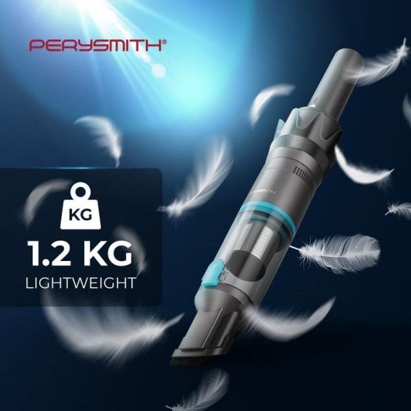 PerySmith Cordless Handheld Vacuum Cleaner Sonic Pro Series X1 Prime - 1.2kg lightweight design with blue accents and floating feathers background