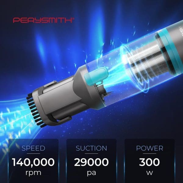 PerySmith Cordless Handheld Vacuum Cleaner Sonic Pro Series X1 Prime with 140,000 rpm speed, 29000 pa suction, and 300w power specifications displayed