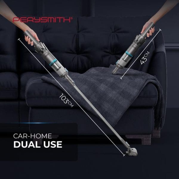 PerySmith Cordless Handheld Vacuum Cleaner Sonic Pro Series X1 Prime showing dual car-home use with measurements 105cm and 45cm on dark sofa.