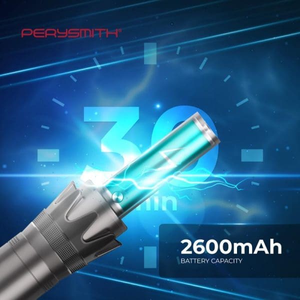 PerySmith Cordless Handheld Vacuum Cleaner Sonic Pro Series X1 Prime with 2600mAh battery capacity, featuring blue digital display and sleek metallic design.