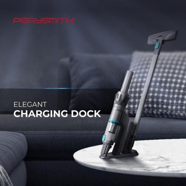 PerySmith Cordless Handheld Vacuum Cleaner Sonic Pro Series X1 Prime with elegant charging dock on marble table in modern living room setting.