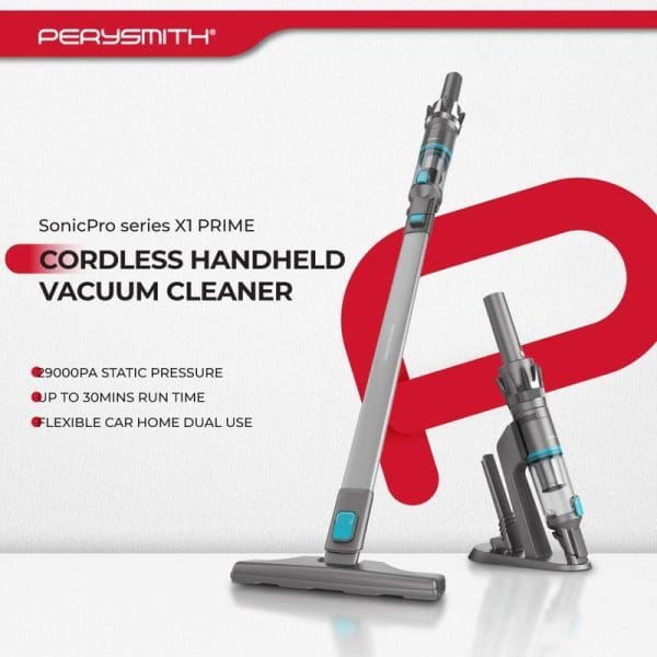 PerySmith SonicPro X1 Prime cordless handheld vacuum cleaner with 9000PA suction, 30-minute runtime, dual car-home use, shown in stick and handheld configurations.