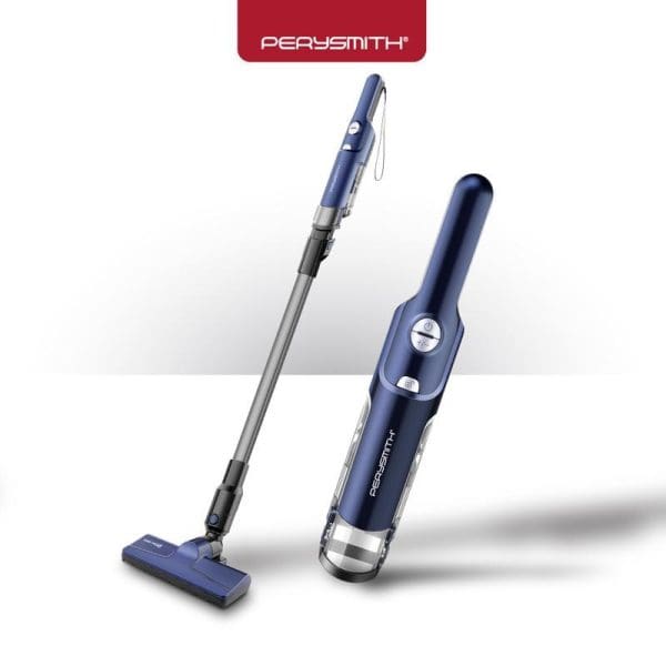 PerySmith Sonic Pro X1 cordless handheld vacuum cleaner in blue color, showing both assembled stick form and handheld unit separately on white background.