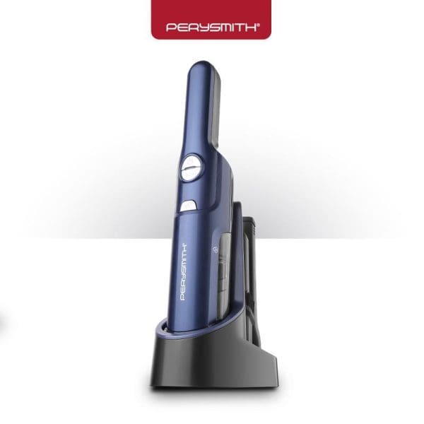 PerySmith Cordless Handheld Vacuum Cleaner Sonic Pro X1 in blue color with charging dock, featuring modern design and control buttons for portable cleaning.