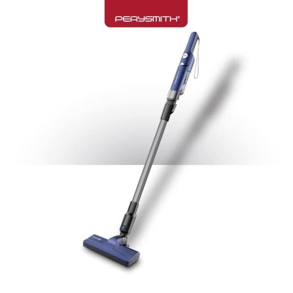PerySmith Cordless Handheld Vacuum Cleaner Sonic Pro X1 in blue and gray with telescopic handle and floor attachment on white background