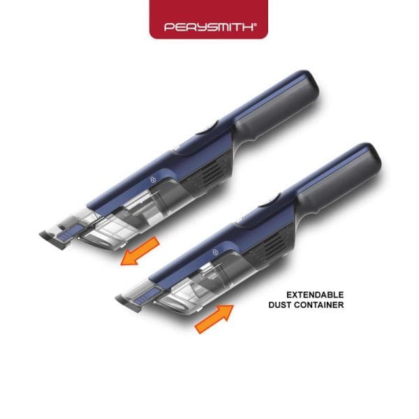 PerySmith Cordless Handheld Vacuum Cleaner Sonic Pro X1 with extendable dust container feature shown in two positions on white background