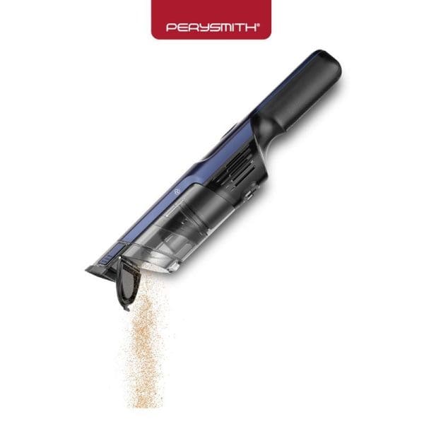 PerySmith Cordless Handheld Vacuum Cleaner Sonic Pro X1 in black and blue design, shown emptying debris from transparent dust container against white background.