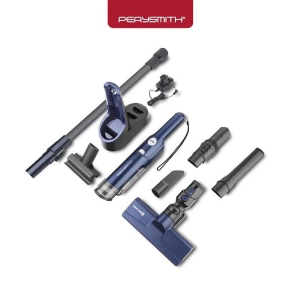 PerySmith Cordless Handheld Vacuum Cleaner Sonic Pro X1 with charging dock and multiple attachments including extension wand, brush heads, and crevice tools displayed on white background.