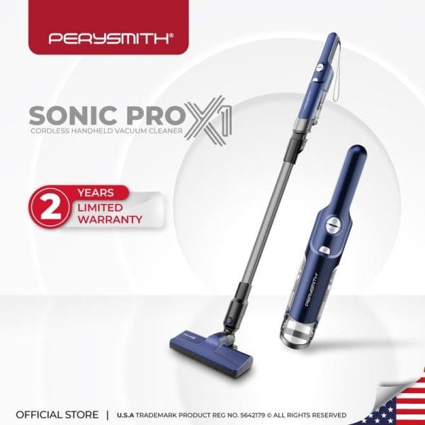 PerySmith Sonic Pro X1 cordless handheld vacuum cleaner in blue color with 2-year limited warranty, shown in stick and handheld configurations on white background.