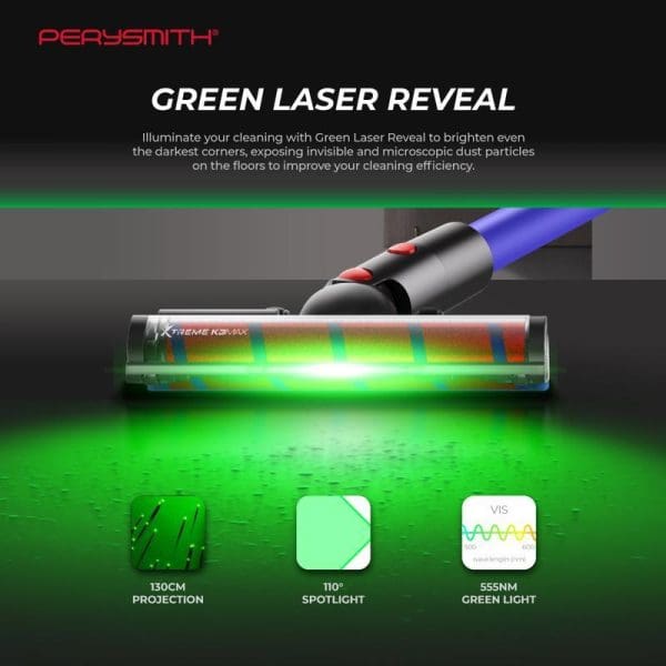 PerySmith Kaden K3 Max II cordless vacuum cleaner with Green Laser Reveal technology showing illuminated dust particles on floor surface with technical specifications.
