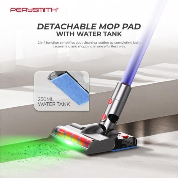 PerySmith Cordless Vacuum Cleaner with detachable mop pad and 250ml water tank, featuring 2-in-1 vacuuming and mopping function with green LED light.