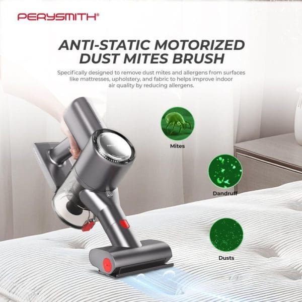 PerySmith Anti-Static Motorized Dust Mites Brush vacuum cleaner being used on white bedding, showing removal of mites, dandruff, and dust particles.