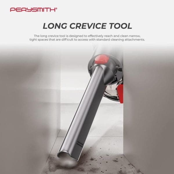PerySmith Cordless Vacuum Cleaner Kaden Series K3 Max II with long crevice tool attachment for cleaning narrow, tight spaces on hard floors.