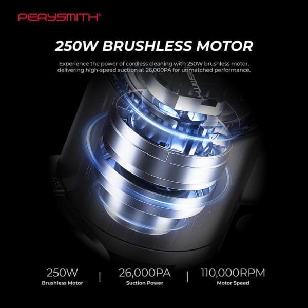 PerySmith Kaden Series K3 Max II cordless vacuum cleaner featuring 250W brushless motor with 26,000PA suction power and 110,000RPM speed specifications display.