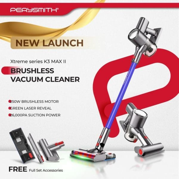 PerySmith Xtreme K3 MAX II brushless cordless vacuum cleaner with 250W motor, green laser, 6000PA suction, blue handle, and free accessories set.