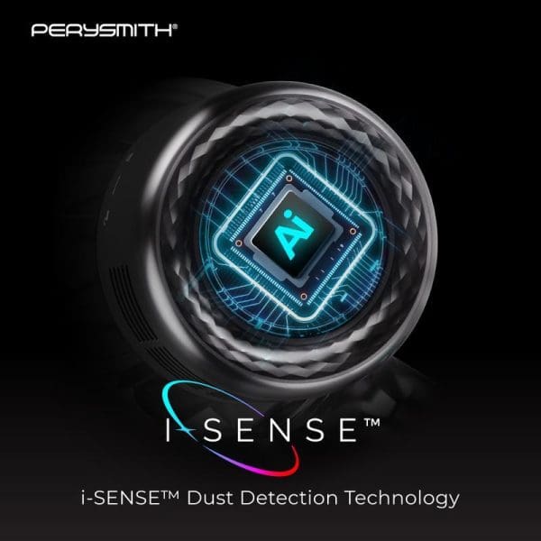 PerySmith i-SENSE Dust Detection Technology featuring AI-powered sensor with blue glowing circuit display in black spherical housing for Sonic Pro Core Series X6 Pro cordless vacuum cleaner.