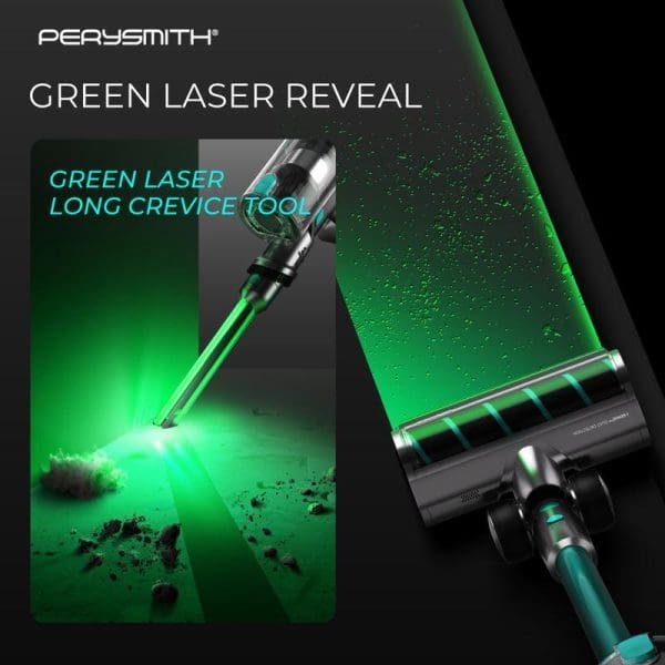 PerySmith Cordless Vacuum Cleaner Sonic Pro Core Series X6 Pro with green laser reveal technology and long crevice tool attachment for precision cleaning.
