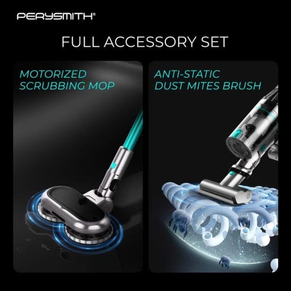 PerySmith Cordless Vacuum Cleaner Sonic Pro Core Series X6 Pro full accessory set featuring motorized scrubbing mop and anti-static dust mites brush attachments.