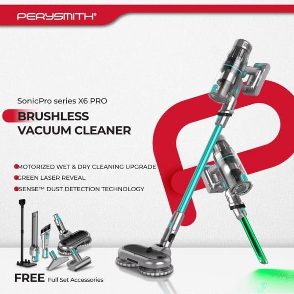 PerySmith SonicPro X6 PRO brushless cordless vacuum cleaner with motorized wet/dry cleaning, green laser reveal, dust detection technology, and full accessory set displayed.