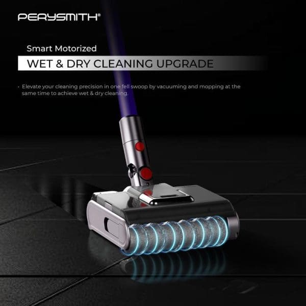 PerySmith Sonic Pro Core Series X7 Pro cordless vacuum cleaner with smart motorized wet and dry cleaning upgrade feature on dark surface.