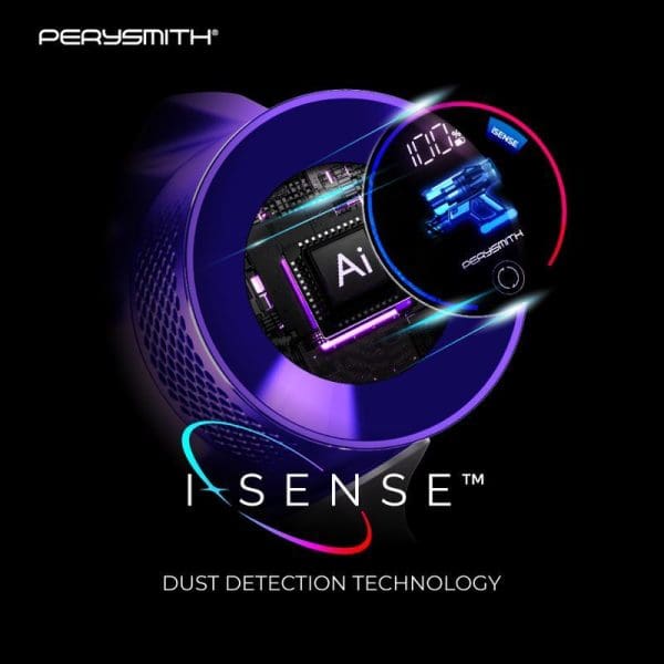 PerySmith I-SENSE Dust Detection Technology display showing AI chip, digital readout at 420, and purple-blue lighting effects on black background.