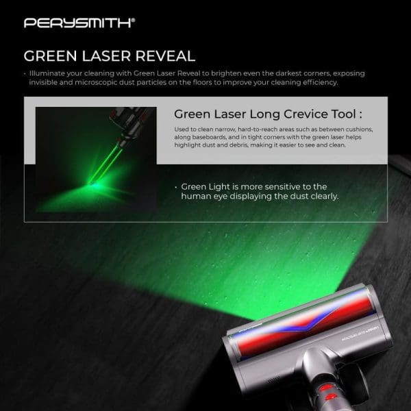 PerySmith Cordless Vacuum Cleaner Sonic Pro Core Series X7 Pro featuring Green Laser Reveal technology with green light illuminating dust particles on dark carpet surface.