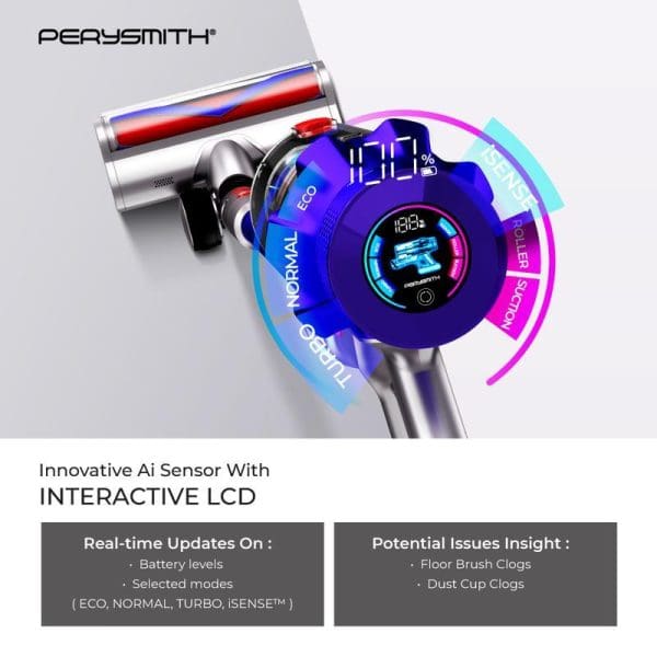 PerySmith Cordless Vacuum Cleaner Sonic Pro Core Series X7 Pro with interactive LCD display showing battery levels, cleaning modes, and AI sensor technology features.