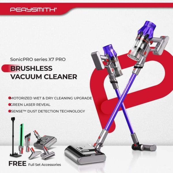 PerySmith SonicPRO X7 PRO brushless cordless vacuum cleaner with purple handles, multiple attachments, motorized wet/dry cleaning, green laser reveal, and dust detection technology.