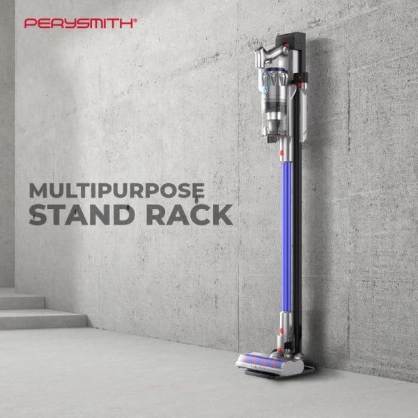 PerySmith Cordless Vacuum Cleaner Sonic Pro Core Series X7 with blue handle and multipurpose stand rack mounted on concrete wall