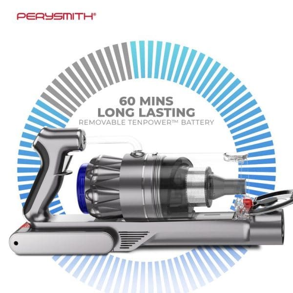 PerySmith Cordless Vacuum Cleaner Sonic Pro Core Series X7 with 60 minutes long lasting removable TenPower battery, featuring cyclonic filtration system and handheld design.