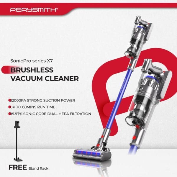 PerySmith SonicPro X7 brushless cordless vacuum cleaner with blue tube, showing 20000PA suction power, 60-minute runtime, dual HEPA filtration, and free stand rack.