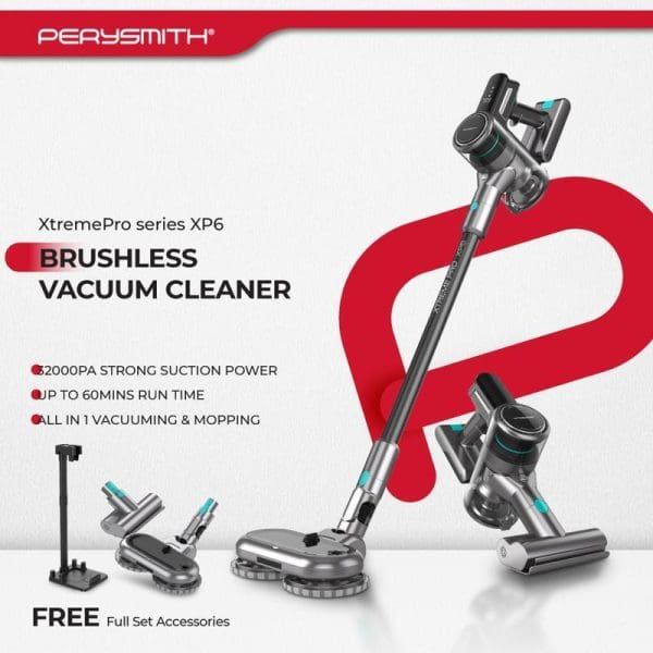 PerySmith XtremePro XP6 brushless cordless vacuum cleaner with 20000PA suction, 60-minute runtime, all-in-1 vacuuming and mopping capabilities, includes free full accessory set.