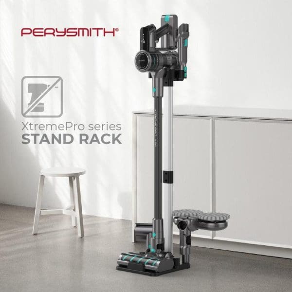 PerySmith XtremePro series cordless vacuum cleaner with stand rack, featuring black and teal design, displayed in modern kitchen setting with white cabinets and stool.