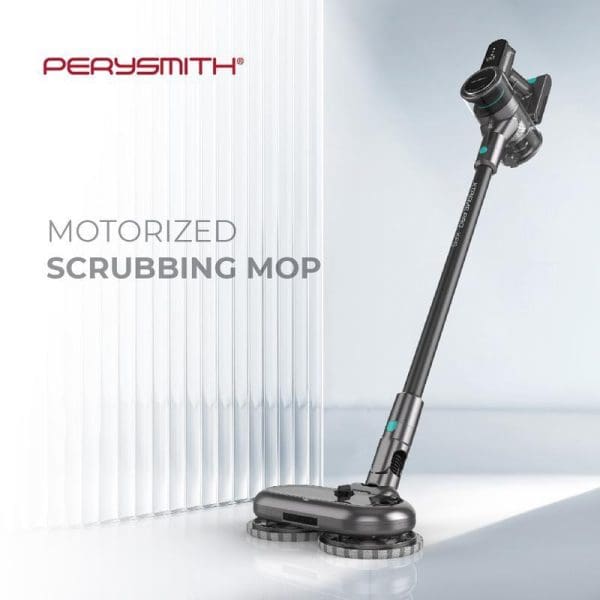 PerySmith Cordless Vacuum Cleaner Xtreme Pro Series XP6 with motorized scrubbing mop attachment, black and grey design, displayed on white surface with grid background.