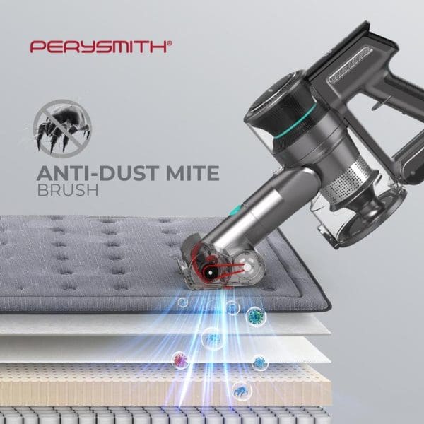 PerySmith cordless vacuum cleaner with anti-dust mite brush attachment cleaning a mattress, showing UV light technology eliminating dust mites from fabric layers.