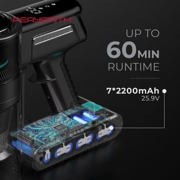 PerySmith Cordless Vacuum Cleaner Xtreme Pro Series XP6 with transparent battery pack showing 7x2200mAh 25.9V cells, offering up to 60 minutes runtime.