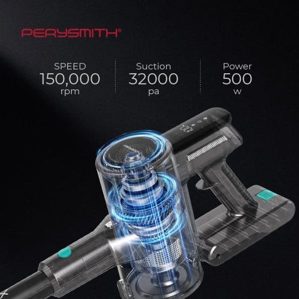 PerySmith Xtreme Pro Series XP6 cordless vacuum cleaner with transparent dust chamber, showing 150,000 rpm speed, 32000 pa suction, and 500w power specifications.