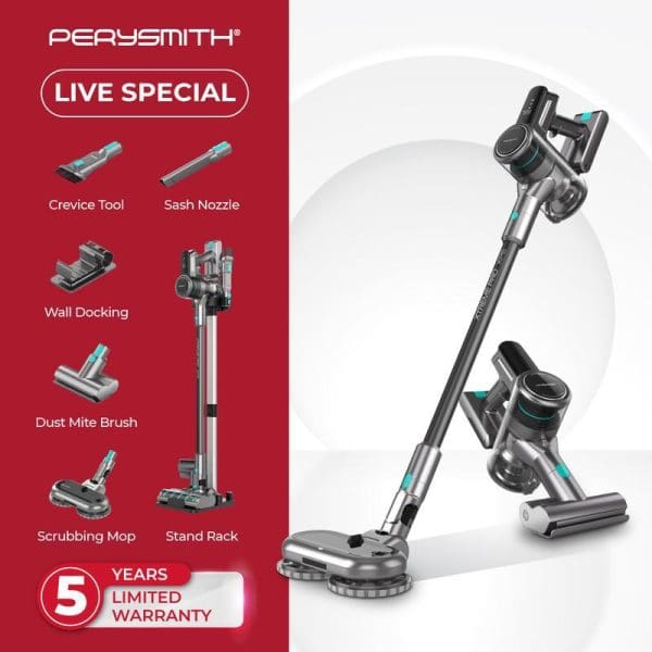 PerySmith Cordless Vacuum Cleaner Xtreme Pro Series XP6 with accessories including crevice tool, sash nozzle, wall docking, dust mite brush, scrubbing mop, and stand rack with 5-year warranty.