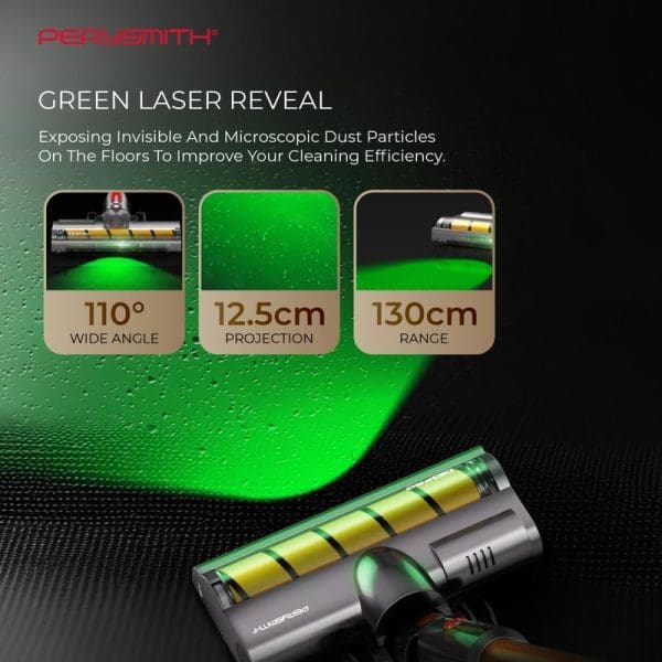 PerySmith Cordless Vacuum Cleaner with green laser reveal technology showing 110° wide angle, 12.5cm projection, and 130cm range for detecting dust particles.
