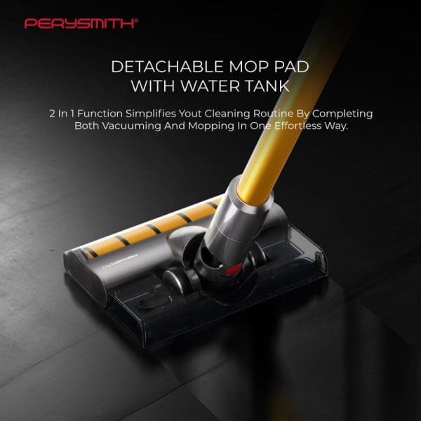 PerySmith Cordless Vacuum Cleaner Xtreme Series K3 Pro with detachable mop pad and water tank, featuring 2-in-1 function for vacuuming and mopping floors.